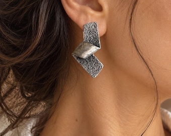 Elara Sculptural Silver Earrings, Textured Statement Jewelry