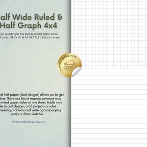 Half Wide Ruled / Half Graph, Quadrille Paper, Coordinate paper, grid paper, squared paper, math paper