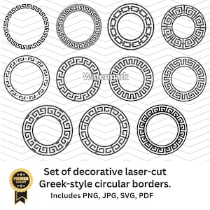 Conjunto de bordas circulares decorativas cortadas a laser em estilo grego, conjunto de ilustrações vetoriais, arquivos CNC botânicos cortados a laser, painéis cortados a laser.