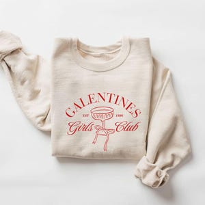 May include: A beige sweatshirt with the text "Galentines Girls Club Est. 1996" in red lettering and a red outline of a champagne glass with a bow.