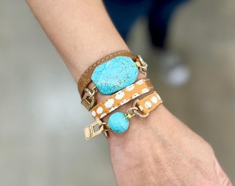 Handcrafted Camel Leather & Fabric Bracelets by LALÉ: Unique, Customizable Boho Jewelry, Perfect Gift for Her Explore| Gift for Mother Days