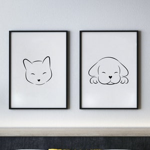 Arte mural imprimible para gatos y perros : conjunto de 2 descargas digitales. Dibujos lindos minimalistas, ideal para sala de guardería, dormitorio, sala de estar, niños