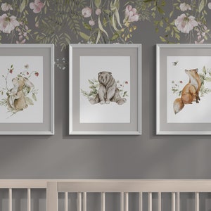3 carteles en formato A4: animales del bosque para guardería. Zorro, conejo, oso. Decoración de pared para guardería. Ideal para niñas. Impresión artística en acuarela. Envío gratuito