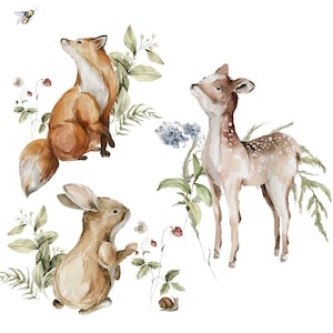3 Poster A4 Format - Kinderzimmer Waldtiere. Fuchs, Hase, Reh. Kinderzimmer Wand Dekor. Ideal für Mädchen Aquarell Kunstdruck. Kostenloser Versand