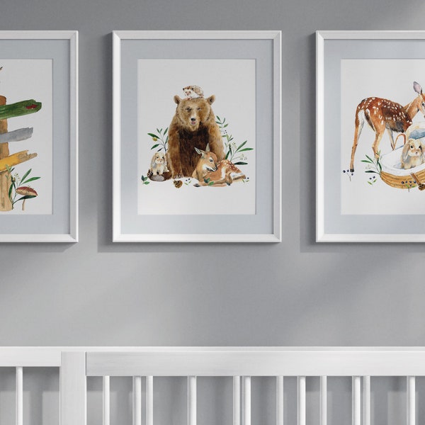 3 Posters A4 or A3 - Forest Animals Design - Roe Deer, Owl and Bear in the Woods. Neutral Nursery Decor. Wall Decoration Universal Art Print