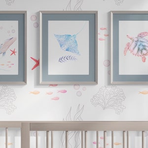 3 Posters Formato A4 - Ocean Nursery - Sea Pattern. Ballena, Tortuga, Pescado. Decoración de pared de guardería neutral. Género Universal Acuarela Lámina artística