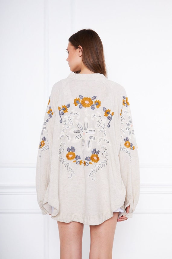 Flower Embroidered Linen Kimono Jacket Beige Kimono Beach Etsy