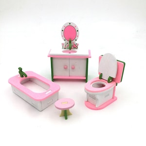 Dollhouse Bathroom Furniture Set, Miniature Wooden Table Chairs, Doll house Mini Furniture Set