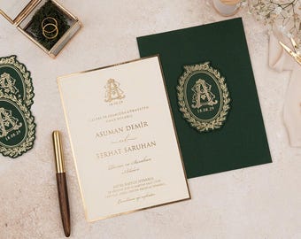 Linen Fabric Wedding Invitation Dark Green Wedding Invitation Personalizable Wedding Invites Customizable Invitation Card