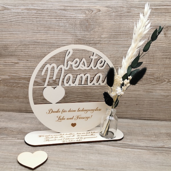 Geschenk Mama, personalisiert, beste Mama, Holzloop mit Trockenblumen und Stativ