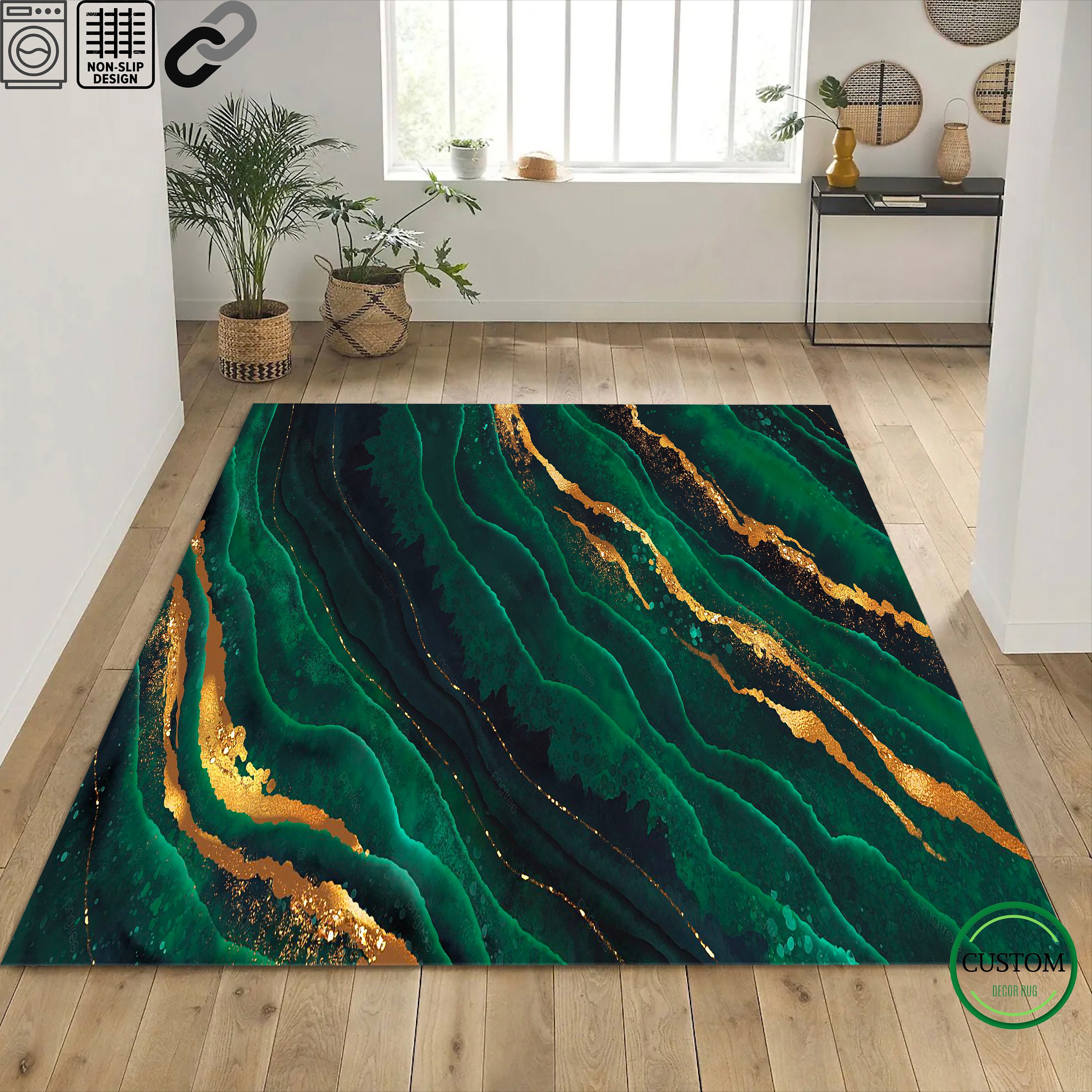 Emerald Green Rug Gold Marble Rug Area Rug Abstract Rug Etsy