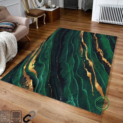 Emerald Green Rug Gold Marble Rug Area Rug Abstract Rug Etsy