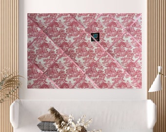 Bespoke Handcrafted Lightly Padded Fabric Notice Bulletin Memo Board made using Toile De Jouy French Lovers Pink Fabric