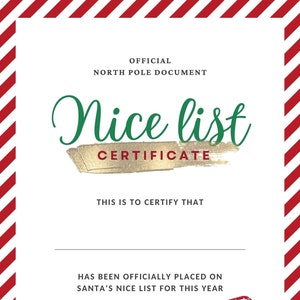 Certificado de lista agradable de Papá Noel rojo, dorado y verde Certificado oficial PDF y JPG Archivo descargable digital instantáneo / Imprimible