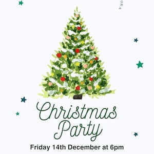 Cartel de invitación para fiesta navideña con árbol de Navidad ilustrativo verde: plantilla imprimible en formato PDF o JPG digital descargable y editable