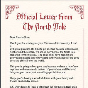 Descarga digital instantánea en formato PDF totalmente personalizable y editable: letra tradicional de color crema/rojo Papá Noel/Santa/Polo Norte