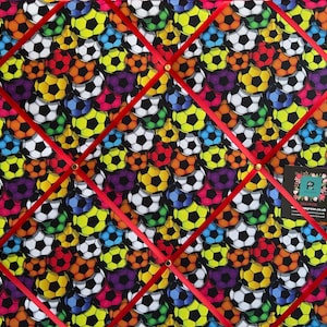 Bespoke Handcrafted Lightly Padded Fabric Notice / Memo Board made using Multicolour Footballs Soccer Footie Sports Life Fabric