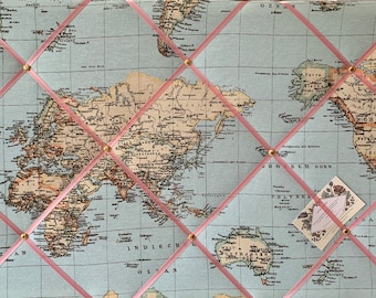 Bespoke Handcrafted Lightly Padded Fabric Notice / Memo Board made using Blue Atlas World Map Linen Look Fabric