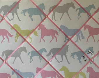 Bespoke Handcrafted Lightly Padded Fabric Notice / Memo Board made using Stampede Horses Sorbet Pastels