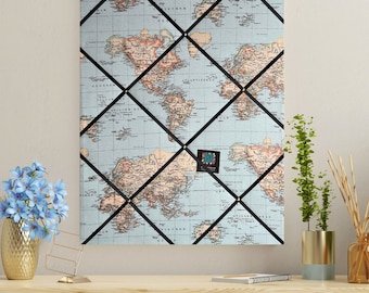Bespoke Handcrafted Lightly Padded Fabric Notice Bulletin Memo Pin Board made using Blue Atlas World Map Linen Look Fabric