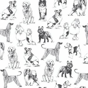 Tableau mémo d'avis en tissu légèrement rembourré fabriqué à la main sur mesure à l'aide de Timeless Treasures Pet Sketched Realistic Dogs White Fabric