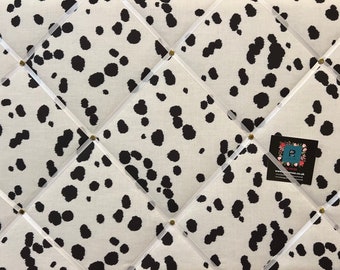 Bespoke Handcrafted Lightly Padded Fabric Notice Bulletin Memo Board made using Black & White Animal Print Dalmatian Spots Fabric