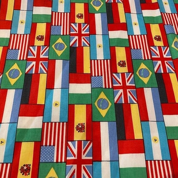 Tissu en popeline de coton avec divers drapeaux de pays, au mètre, 56 pouces, livraison gratuite au Royaume-Uni