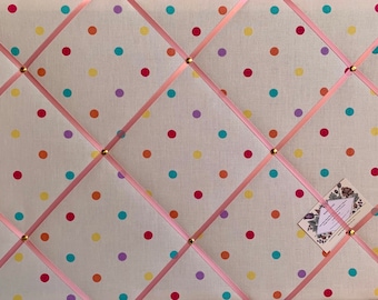 Bespoke Handcrafted Lightly Padded Fabric Notice / Memo Board made using Sunshine Multicolour Dotty Spot Fabric