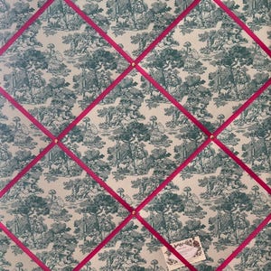 Bespoke Handcrafted Lightly Padded Fabric Notice / Memo Board made using Toile De Jouy French Lovers Teal Fabric