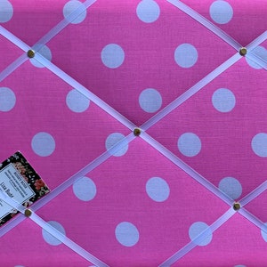 Bespoke Handcrafted Lightly Padded Fabric Notice / Memo Board made using Bright Pink White Spots Fabric