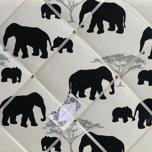 Bespoke Handcrafted Lightly Padded Fabric Notice / Memo Board made using Grey With Marson Elephants Fabric