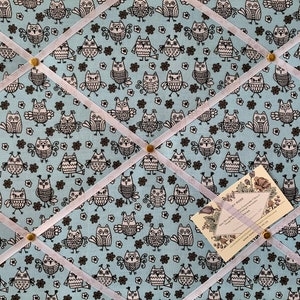 Bespoke Handcrafted Lightly Padded Fabric Notice / Memo Board made using Black & White Owls on Blue Fabric