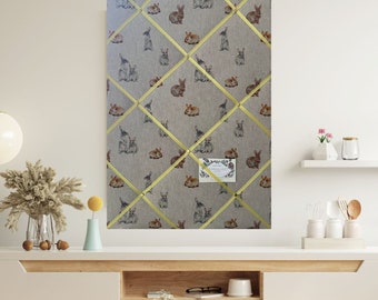 Bespoke Handcrafted Lightly Padded Fabric Notice Bulletin Memo Board made using Linen Look Bunnies Bunny Rabbit Fabric