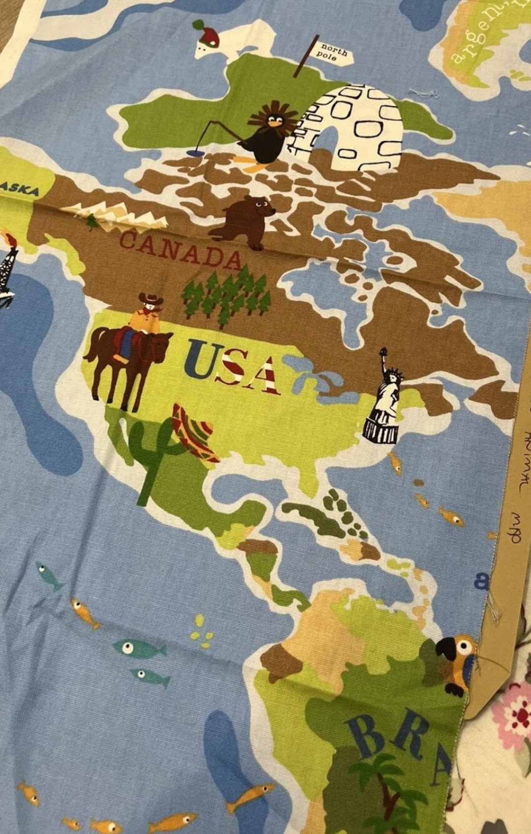 Prestigious Blue Animal Map Atlas Fabric Remnant – 98x38cm Designer ...