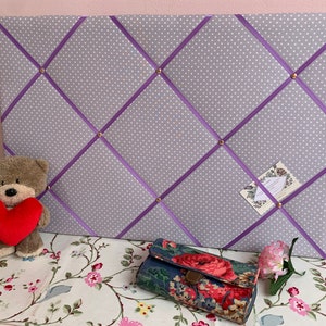 Bespoke Handcrafted Lightly Padded Fabric Notice / Memo Board made using Lilac Polka Dot Spots Fabric