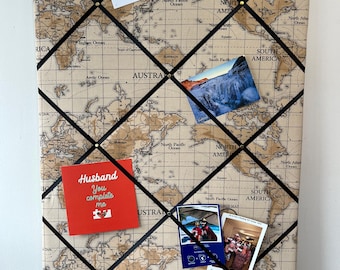 Atlas World Map Fabric Notice Board in Stone – Pin Your Travel Memories on French Memo Ribbon or Cork Bulletin, Perfect Gift, Handmade