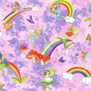 Avis / Tableau mémo en tissu légèrement rembourré fabriqué à la main sur mesure à l'aide de tissu Pink Fairies Rainbows Toadstools & Clouds