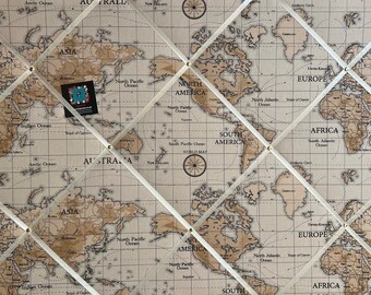 90x60cm Handcrafted Lightly Padded Fabric Notice Memo Bulletin Board made using Fryetts Stone Atlas World Map Globe