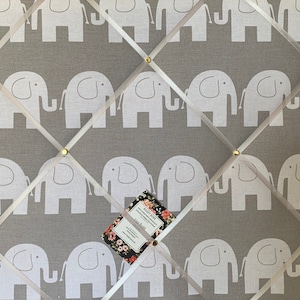 Bespoke Handcrafted Lightly Padded Fabric Notice / Memo Board made using Grey With White Elephants Fabric