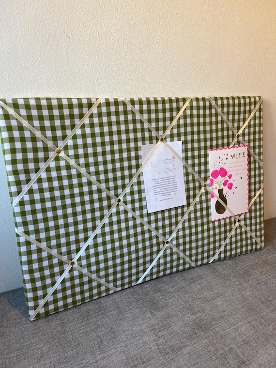 Sage Green Gingham Notice Board – 60x40cm Ivory Ribbon Memo Board – Handmade Country Decor – Made to Order – Landscape or Portrait