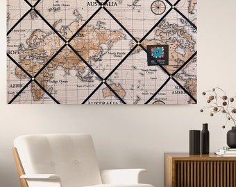 Bespoke Handcrafted Lightly Padded Fabric Notice Memo Bulletin Board made using Fryetts Stone Atlas World Map Fabric