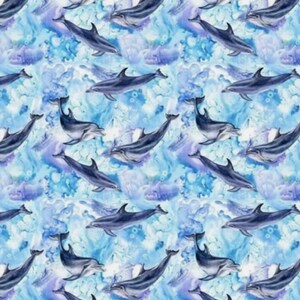 May include: A seamless pattern featuring watercolor illustrations of dolphins swimming in a blue and purple ocean. The dolphins are depicted in various poses, with some leaping out of the water and others swimming underwater.