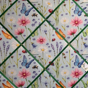 Bespoke Handcrafted Lightly Padded Fabric Notice / Memo Board made using Lilac Mauve Butterflies Flowers Fabric