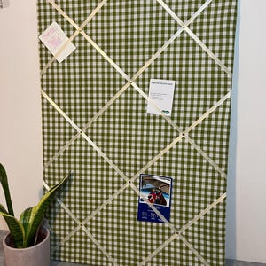 Handmade Sage Green Gingham Fabric Notice Board - Lightly Padded Memo and Photo Display Board for Country Cottage & Rustic Home Decor