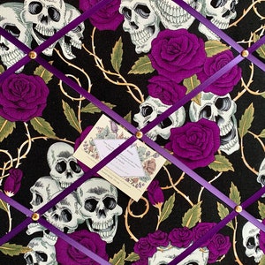 Bespoke Handcrafted Lightly Padded Fabric Notice / Memo Board made using Skulls With Purple Flowers on Black