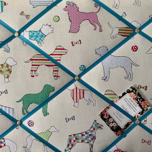 Bespoke Handcrafted Lightly Padded Fabric Notice / Memo Board made using Turquoise Woof Dogs Fabric