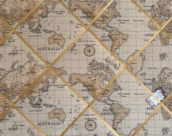 Bespoke Handcrafted Lightly Padded Fabric Notice / Memo Board made using Fryetts Stone Atlas World Map Fabric