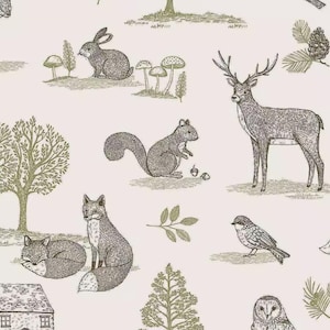 May include: A white background with a repeating pattern of woodland animals and plants. The animals include a rabbit, a squirrel, a fox, a deer, a bird, and an owl. The plants include trees, leaves, and mushrooms.