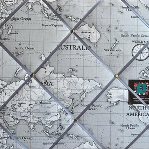 Grey Atlas Lightly Padded Fabric Notice / Memo Board made using World Map Fabric - Bespoke Handcrafted