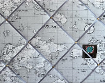 Grey Atlas Lightly Padded Fabric Notice / Memo Board made using World Map Fabric - Bespoke Handcrafted
